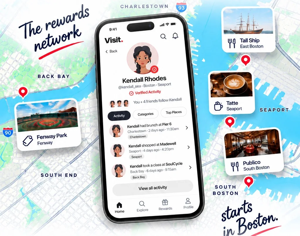 The Visit app on a phone over a map of Boston, with places from Charlestown to South Boston