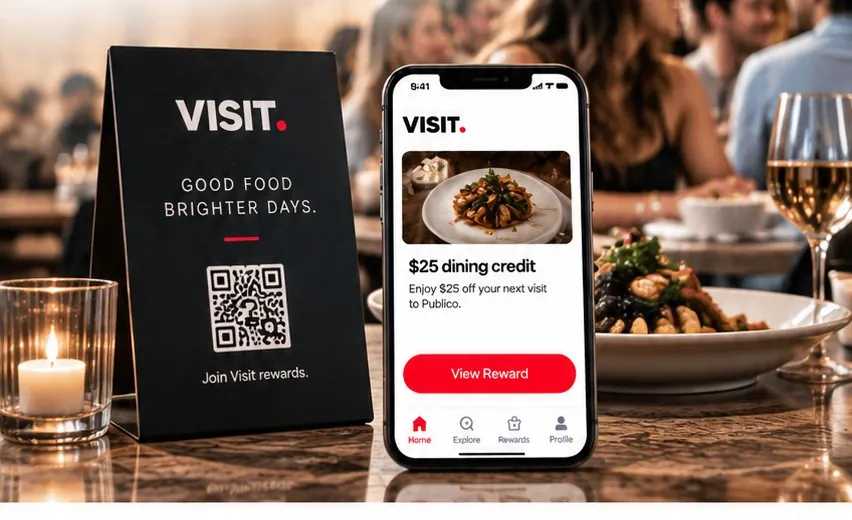 A Visit table sign and the app on a restaurant table