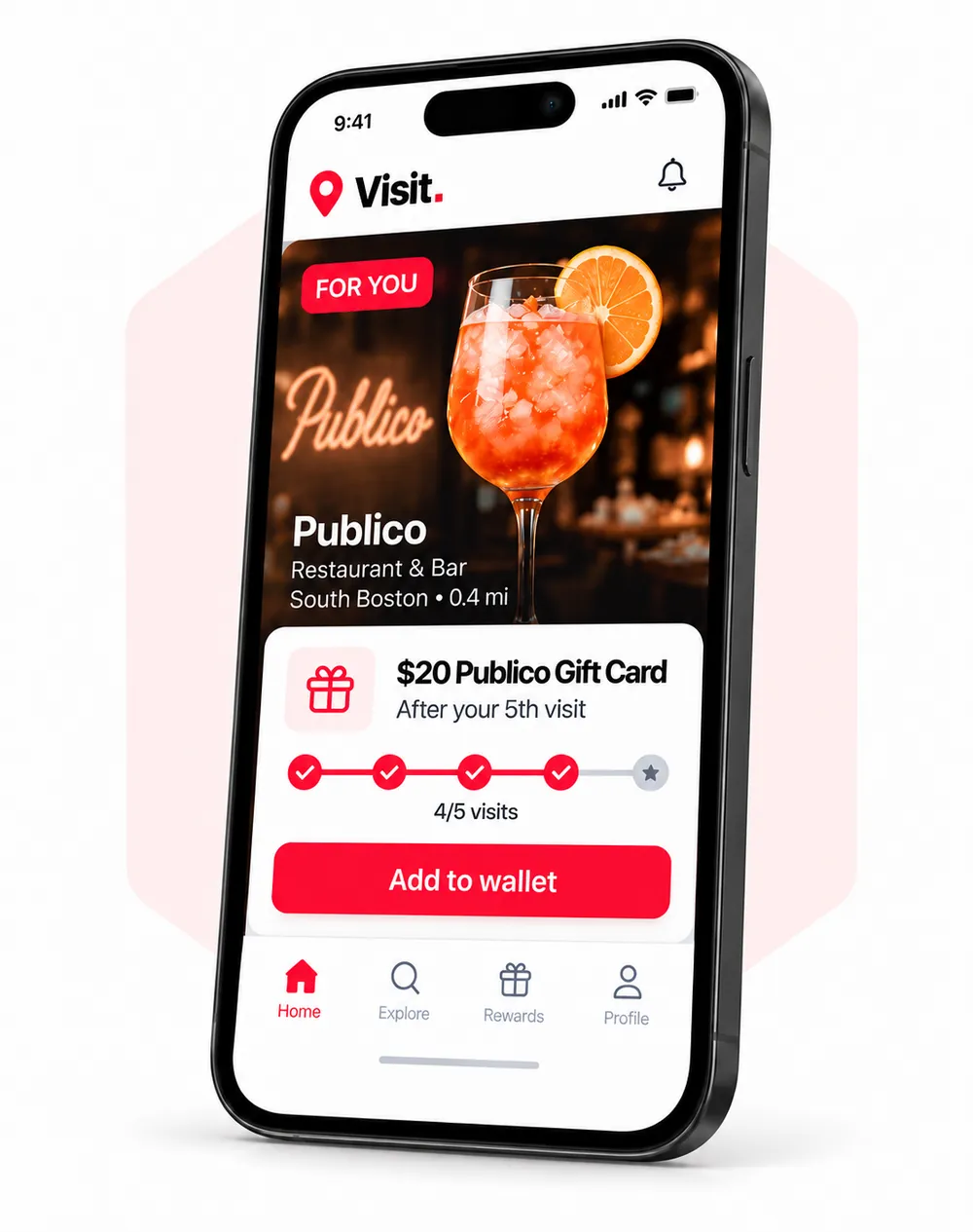 The Visit app showing a Publico gift card after the fifth visit