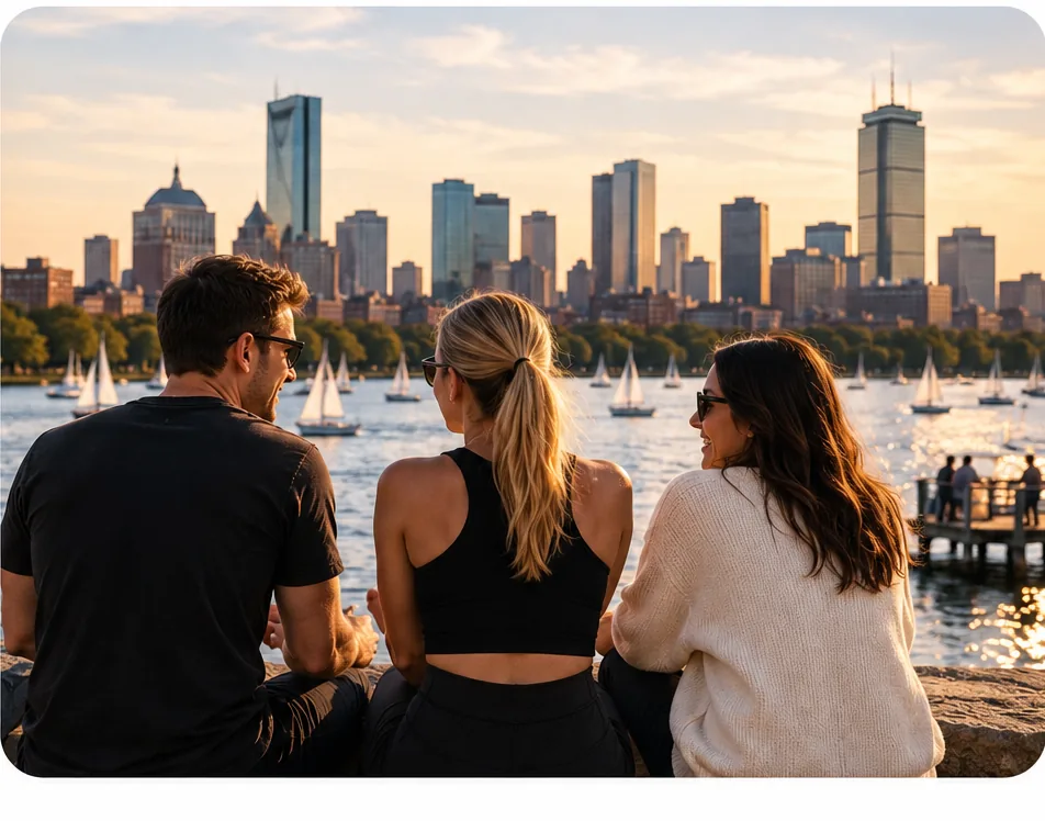 Three friends sitting by the Charles River looking at the Boston skyline at sunset