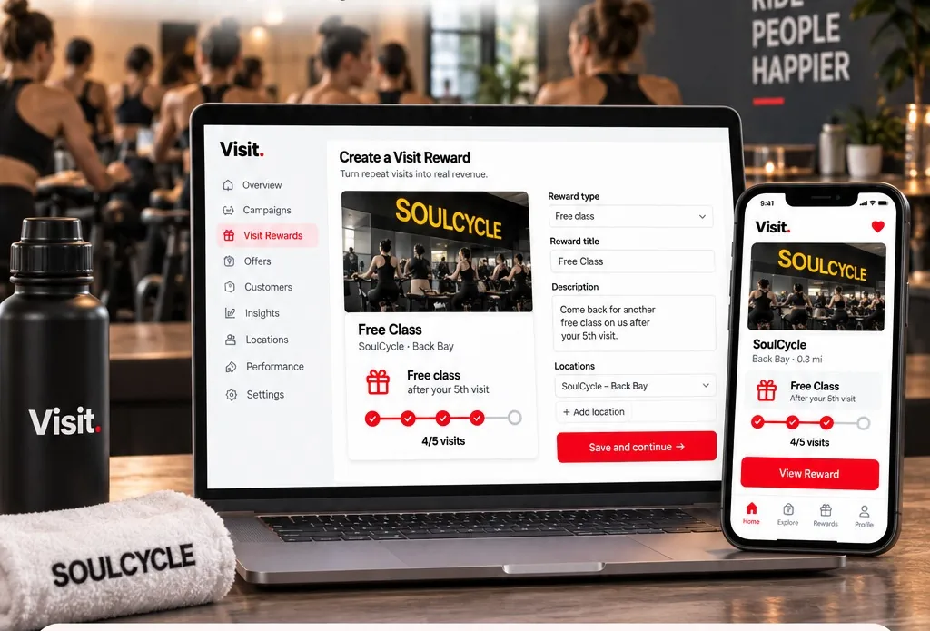 Visit Rewards being created on a laptop and phone at a fitness studio
