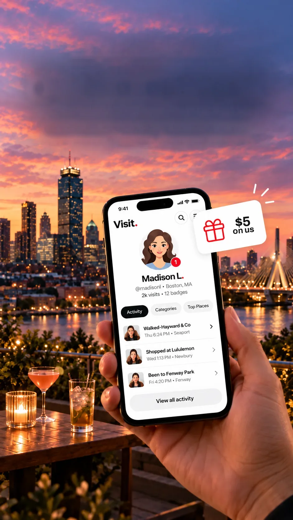 Visit app profile on a phone overlooking the Boston skyline at sunset, with a $5 on us reward badge
